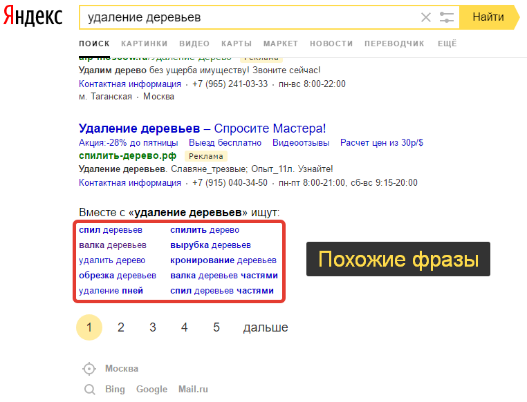 Похожие фразы в Яндекс